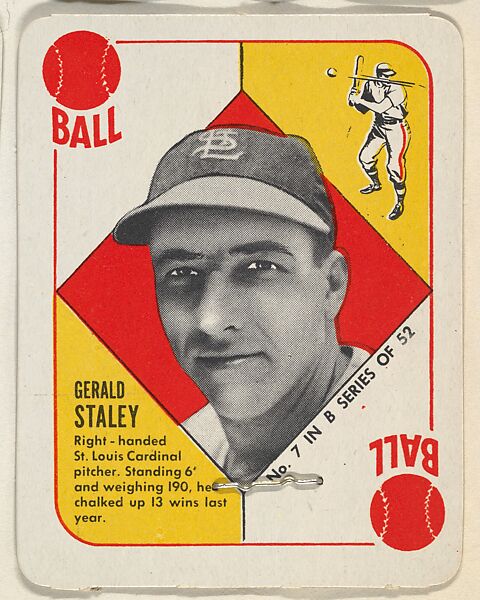 Card Number 7, Gerald Staley, Pitcher, St. Louis Cardinals, from the Topps Red/ Blue Backs series (R414-5) issued by Topps Chewing Gum Company, Issued by Topps Chewing Gum Company (American, Brooklyn), Commercial color lithograph 