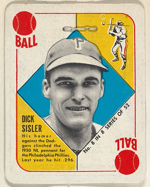 Card Number 8, Dick Sisler, Philadelphia Phillies, from the Topps Red/ Blue Backs series (R414-5) issued by Topps Chewing Gum Company, Issued by Topps Chewing Gum Company (American, Brooklyn), Commercial color lithograph 