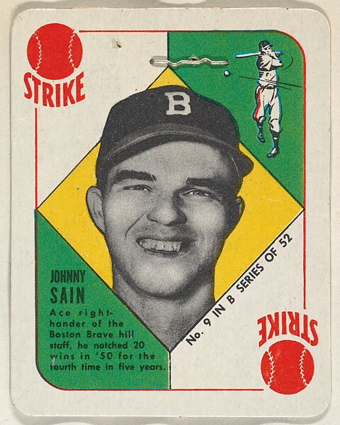 Card Number 9, Johnny Sain, Boston Braves, from the Topps Red/ Blue Backs series (R414-5) issued by Topps Chewing Gum Company, Issued by Topps Chewing Gum Company (American, Brooklyn), Commercial color lithograph 