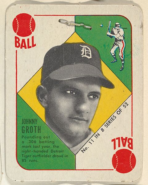 Card Number 11, Johnny Groth, Outfield, Detroit Tigers, from the Topps Red/ Blue Backs series (R414-5) issued by Topps Chewing Gum Company, Issued by Topps Chewing Gum Company (American, Brooklyn), Commercial color lithograph 