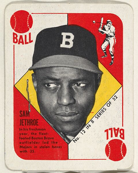 Card Number 12, Sam Jethroe, Outfield, Boston Braves, from the Topps Red/ Blue Backs series (R414-5) issued by Topps Chewing Gum Company, Issued by Topps Chewing Gum Company (American, Brooklyn), Commercial color lithograph 