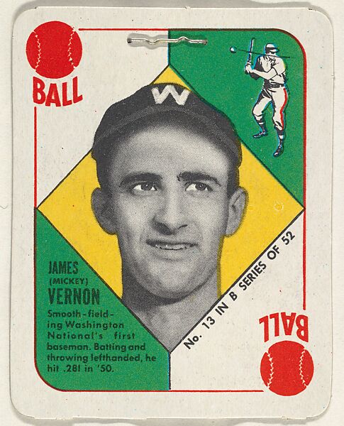 Card Number 13, James (Mickey) Vernon, 1st Base, Washington Nationals, from the Topps Red/ Blue Backs series (R414-5) issued by Topps Chewing Gum Company, Issued by Topps Chewing Gum Company (American, Brooklyn), Commercial color lithograph 