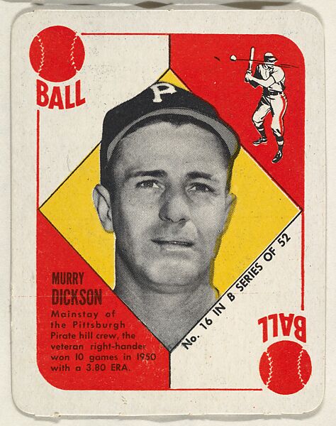 Card Number 16, Murry Dickson, Pittsburgh Pirates, from the Topps Red/ Blue Backs series (R414-5) issued by Topps Chewing Gum Company, Issued by Topps Chewing Gum Company (American, Brooklyn), Commercial color lithograph 