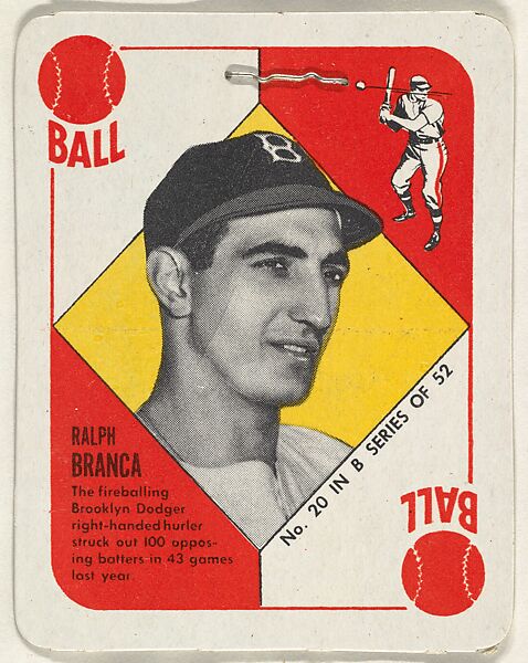 Card Number 20, Ralph Branca, Pitcher, Brooklyn Dodgers, from the Topps Red/ Blue Backs series (R414-5) issued by Topps Chewing Gum Company, Issued by Topps Chewing Gum Company (American, Brooklyn), Commercial color lithograph