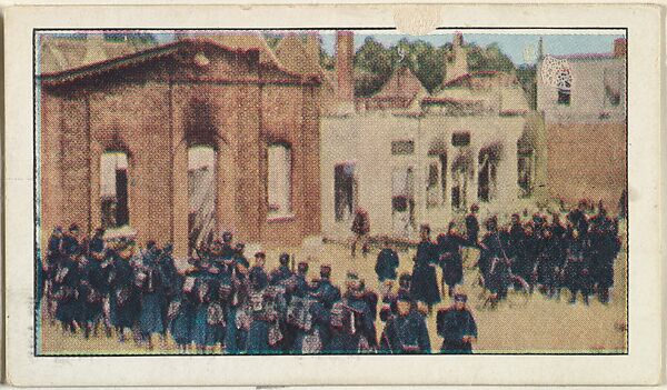 Card No. 69, Belgian Soldiers Before the Ruins of Termonde, from the World War I Scenes series (T121) issued by Sweet Caporal Cigarettes, Issued by American Tobacco Company, Photolithograph 