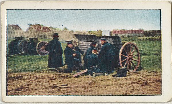 Card No. 71, The Battle of Hostade, Belgian Field Guns in Action, from the World War I Scenes series (T121) issued by Sweet Caporal Cigarettes, Issued by American Tobacco Company, Photolithograph 