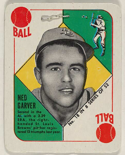 Card Number 18, Ned Garver, Pitcher, St. Louis Browns, from the Topps Red/ Blue Backs series (R414-5) issued by Topps Chewing Gum Company, Issued by Topps Chewing Gum Company (American, Brooklyn), Commercial color lithograph 