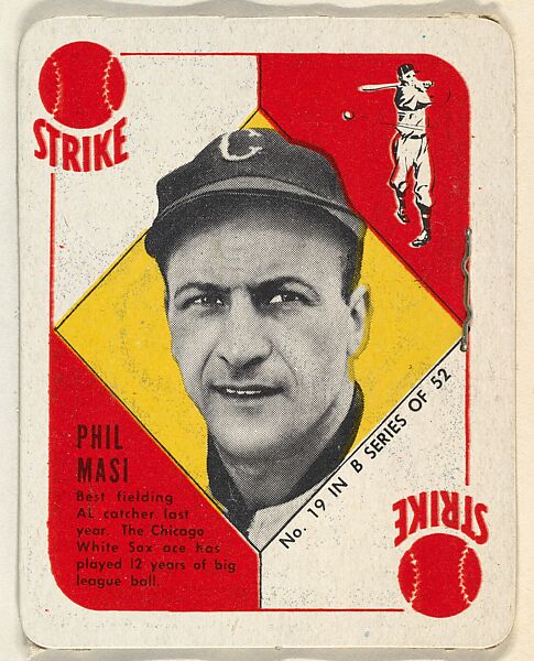 Card Number 19, Phil Masi, Catcher, Chicago White Sox, from the Topps Red/ Blue Backs series (R414-5) issued by Topps Chewing Gum Company, Issued by Topps Chewing Gum Company (American, Brooklyn), Commercial color lithograph 
