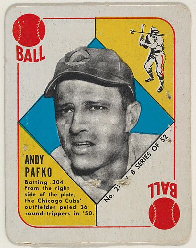 Card Number 27, Andy Pafko, from the Topps Red/ Blue Backs series (R414-5) issued by Topps Chewing Gum Company