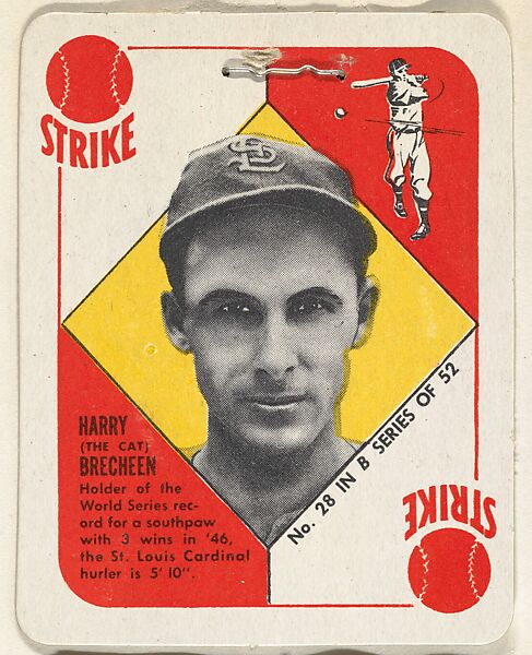 Card Number 28, Harry "The Cat" Brecheen, Pitcher, St. Louis Cardinals, from the Topps Red/ Blue Backs series (R414-5) issued by Topps Chewing Gum Company, Issued by Topps Chewing Gum Company (American, Brooklyn), Commercial color lithograph