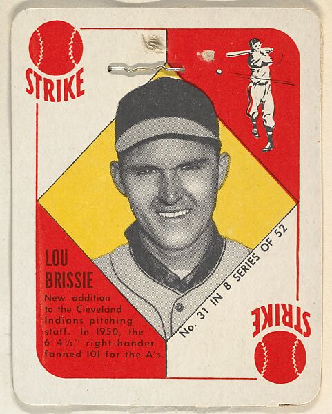 Card Number 31, Lou Brissie, Pitcher, Cleveland Indians, from the Topps Red/ Blue Backs series (R414-5) issued by Topps Chewing Gum Company, Issued by Topps Chewing Gum Company (American, Brooklyn), Commercial color lithograph