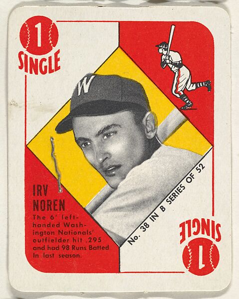 Card Number 38, Irv Noren, Outfield, Washington Nationals, from the Topps Red/ Blue Backs series (R414-5) issued by Topps Chewing Gum Company, Issued by Topps Chewing Gum Company (American, Brooklyn), Commercial color lithograph