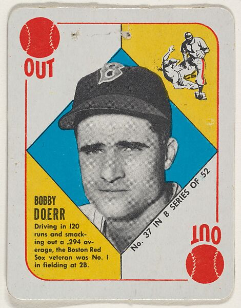 Card Number 37, Bobby Doerr, from the Topps Red/ Blue Backs series (R414-5) issued by Topps Chewing Gum Company, Issued by Topps Chewing Gum Company (American, Brooklyn), Commercial color lithograph 
