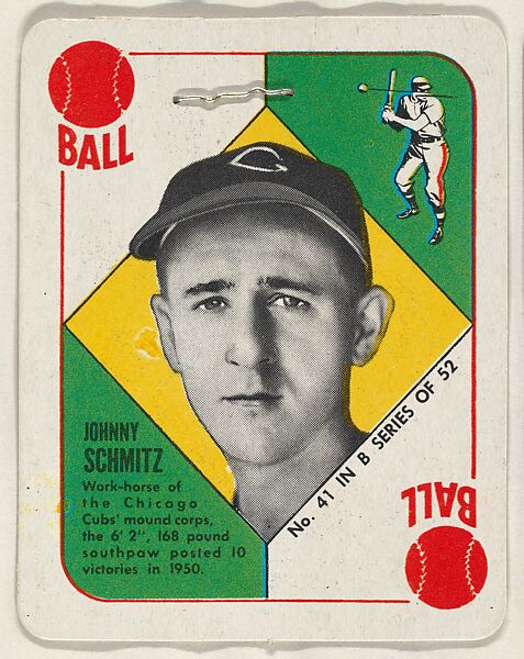 Card Number 41, Johnny Schmitz, Pitcher, Chicago Cubs, from the Topps Red/ Blue Backs series (R414-5) issued by Topps Chewing Gum Company, Issued by Topps Chewing Gum Company (American, Brooklyn), Commercial color lithograph 
