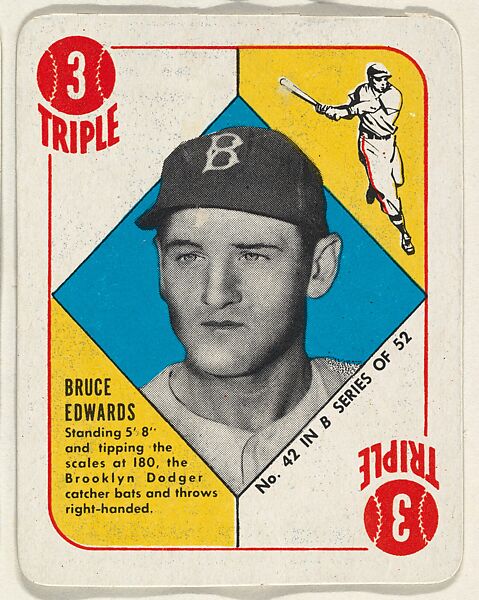 Card Number 42, Bruce Edwards, Catcher, Brooklyn Dodgers, from the Topps Red/ Blue Backs series (R414-5) issued by Topps Chewing Gum Company, Issued by Topps Chewing Gum Company (American, Brooklyn), Commercial color lithograph 