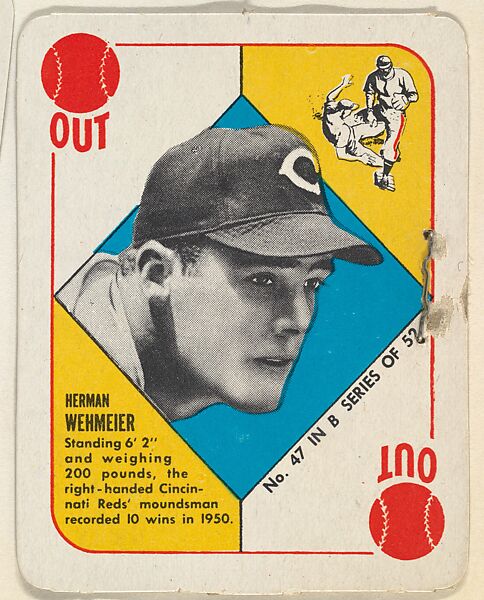 Card Number 47, Herman Wehmeier, Pitcher, Cincinnati Reds, from the Topps Red/ Blue Backs series (R414-5) issued by Topps Chewing Gum Company, Issued by Topps Chewing Gum Company (American, Brooklyn), Commercial color lithograph 