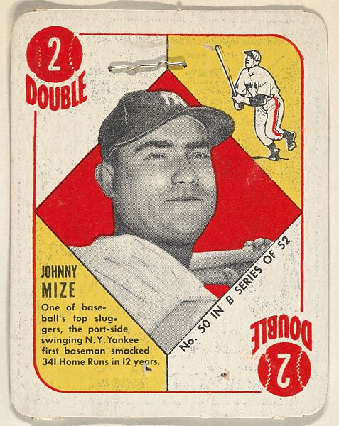 Card Number 50, Johnny Mize, 1st Base, New York Yankees, from the Topps Red/ Blue Backs series (R414-5) issued by Topps Chewing Gum Company, Issued by Topps Chewing Gum Company (American, Brooklyn), Commercial color lithograph 