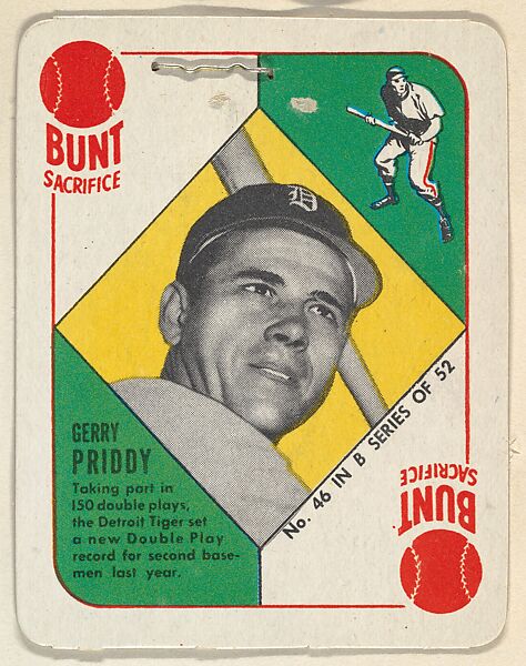 Card Number 46, Gerry Priddy, 2nd Base, Detroit Tigers, from the Topps Red/ Blue Backs series (R414-5) issued by Topps Chewing Gum Company, Issued by Topps Chewing Gum Company (American, Brooklyn), Commercial color lithograph 