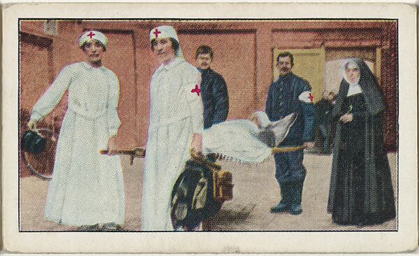 Card No. 82, Belgian Red Cross Workers Carrying Wounded Belgian Bugler into Hospital at Willebroeck, near Malines, from the World War I Scenes series (T121) issued by Sweet Caporal Cigarettes, Issued by American Tobacco Company, Photolithograph 