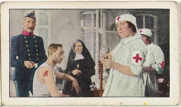 Card No. 83, Wounded Belgians Being Attended by Sisters of Mercy and Red Cross Nurses in the Hospital at Willebroeck, from the World War I Scenes series (T121) issued by Sweet Caporal Cigarettes, Issued by American Tobacco Company, Photolithograph 