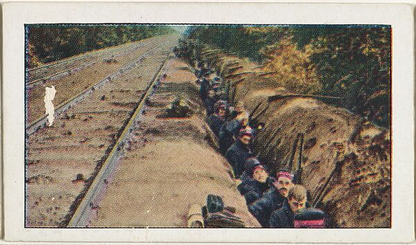 Card No. 86, Belgians Guarding Railway at Battle of Hofstade, from the World War I Scenes series (T121) issued by Sweet Caporal Cigarettes, Issued by American Tobacco Company, Photolithograph 