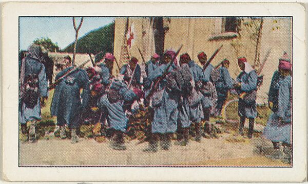 Card No. 89, French Turcos Assorting Their German War Trophies, from the World War I Scenes series (T121) issued by Sweet Caporal Cigarettes, Issued by American Tobacco Company, Photolithograph 