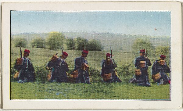 Card No. 91, French Infantry Waiting for One of the German Zeppelin Bomb-Throwers or Air Scouts, from the World War I Scenes series (T121) issued by Sweet Caporal Cigarettes, Issued by American Tobacco Company, Photolithograph 