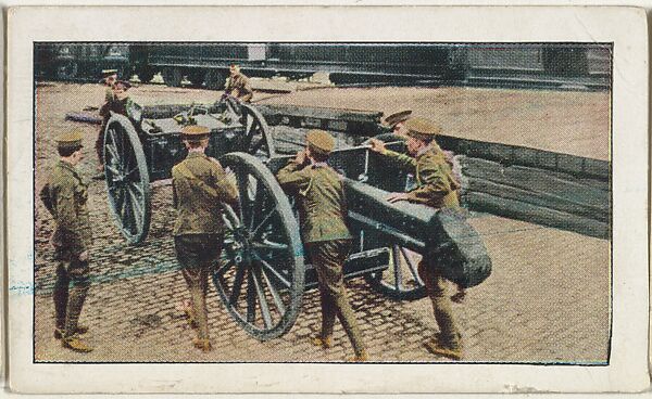 Card No. 95, English Royal Field Artillery Hurrying Their Fifteen-Pounder Guns to the Train for Shipment to General French, from the World War I Scenes series (T121) issued by Sweet Caporal Cigarettes, Issued by American Tobacco Company, Photolithograph 