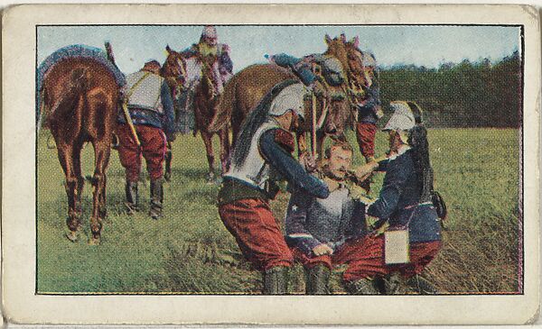 Card No. 96, Helping a French Cavalryman Wounded at St. Quentin, from the World War I Scenes series (T121) issued by Sweet Caporal Cigarettes, Issued by American Tobacco Company, Photolithograph 