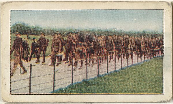 Card No. 99, The Coldstream Guards, the Crack Infantrymen of Great Britain, Passing Through Hyde Park in Heavy Marching Order, on Their Way to Paddington and the Front, from the World War I Scenes series (T121) issued by Sweet Caporal Cigarettes, Issued by American Tobacco Company, Photolithograph 