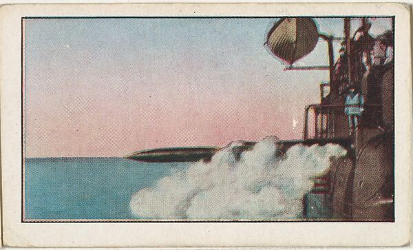 Card No. 107, French Battleship Firing a Torpedo, from the World War I Scenes series (T121) issued by Sweet Caporal Cigarettes, Issued by American Tobacco Company, Photolithograph 