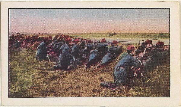 Card No. 109, French Infantry in Action Against the Germans, from the World War I Scenes series (T121) issued by Sweet Caporal Cigarettes, Issued by American Tobacco Company, Photolithograph 