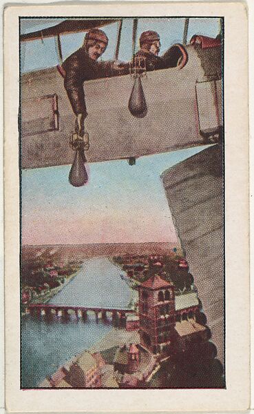 Card No. 106, Dropping Bombs on Huy, Belgium, from Aeroplane, from the World War I Scenes series (T121) issued by Sweet Caporal Cigarettes, Issued by American Tobacco Company, Photolithograph 