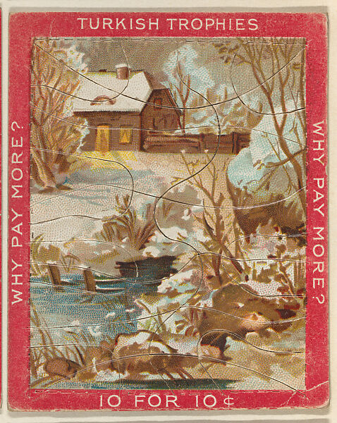 Snowy Landscape with a House, from the Jigsaw Puzzle Pictures series (T76) issued by Turkish Trophies Cigarettes, Issued by Turkish Trophies Cigarettes, Commercial color lithograph