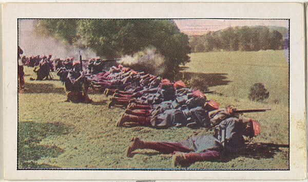 Card No. 115, French Infantry, Masked by a Stretch of Woods, Pumping Shells Into the Enemy on the Battlefield of the Marne, from the World War I Scenes series (T121) issued by Sweet Caporal Cigarettes, Issued by American Tobacco Company, Photolithograph 