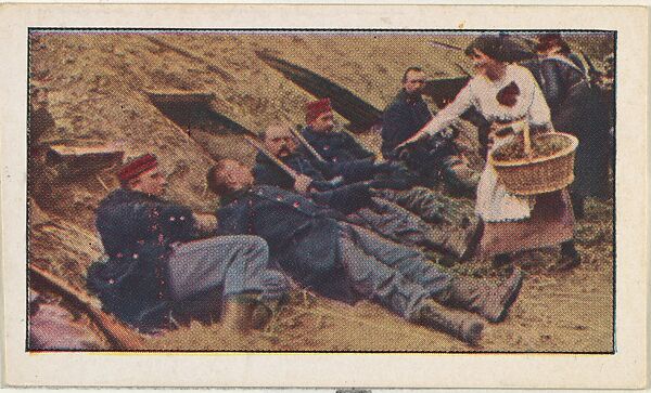 Card No. 123, Women Risk Lives to Bring "Goodies" to Soldiers in Trenches, from the World War I Scenes series (T121) issued by Sweet Caporal Cigarettes, Issued by American Tobacco Company, Photolithograph 