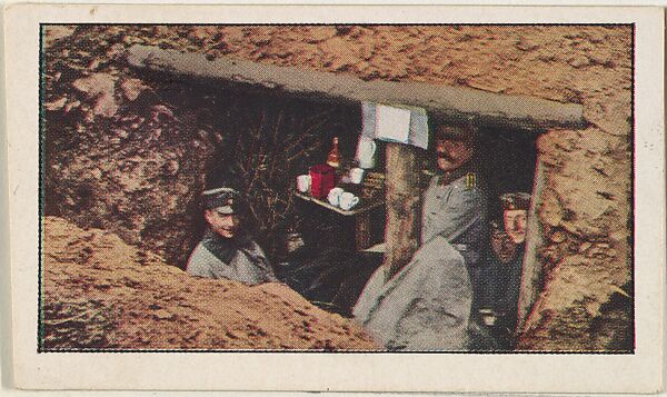 Card No. 128, German Officers Sheltered in One of Their Splinter-Proff Entrenchments at Brussels, from the World War I Scenes series (T121) issued by Sweet Caporal Cigarettes, Issued by American Tobacco Company, Photolithograph 
