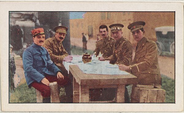 Card No. 129, French and British Officers at Mess, from the World War I Scenes series (T121) issued by Sweet Caporal Cigarettes, Issued by American Tobacco Company, Photolithograph 