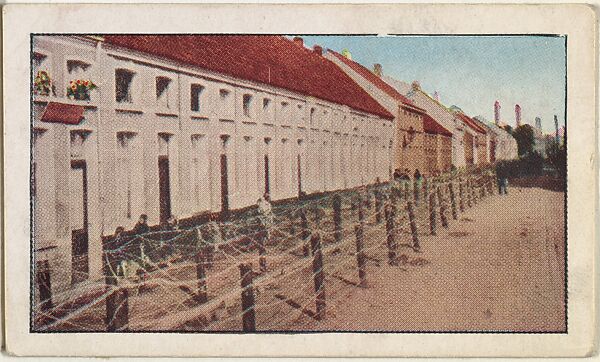 Card No. 131, Photo Shows a Street in Antwerp With Barbed-Wire Entanglements, from the World War I Scenes series (T121) issued by Sweet Caporal Cigarettes, Issued by American Tobacco Company, Photolithograph 