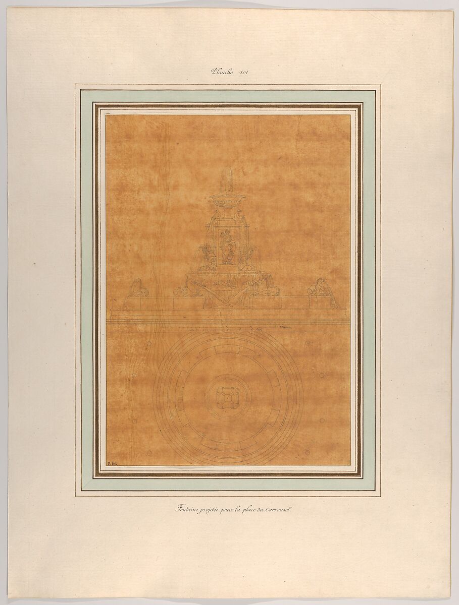 Project for a Fountain for La Place du Carrousel, Pierre François Léonard Fontaine (French, Pontoise 1762–1853 Paris), Pen and black ink on tracing paper 