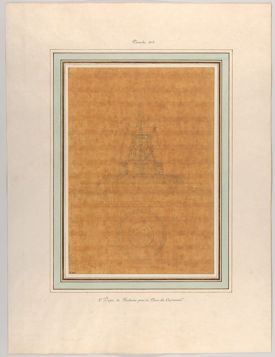 Project for a Fountain for La Place du Carrousel, Pierre François Léonard Fontaine (French, Pontoise 1762–1853 Paris), Pen and black ink on tracing paper 