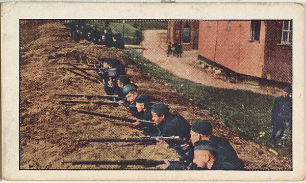 Card No. 132, Belgians at Alost Taking Offensive Against the Germans, from the World War I Scenes series (T121) issued by Sweet Caporal Cigarettes, Issued by American Tobacco Company, Photolithograph 