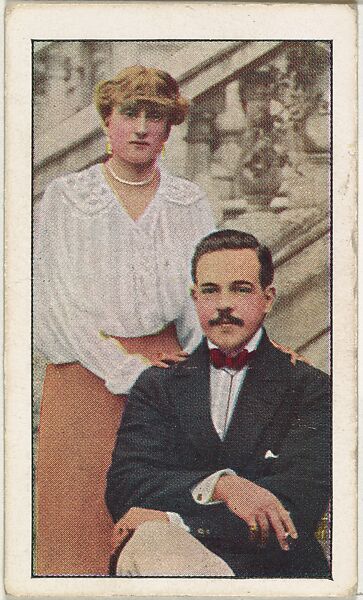 Card No. 157, Ex-King Manuel of Portugal and his German Wife who is Related to Kaiser Wilhelm, from the World War I Scenes series (T121) issued by Sweet Caporal Cigarettes, Issued by American Tobacco Company, Photolithograph 