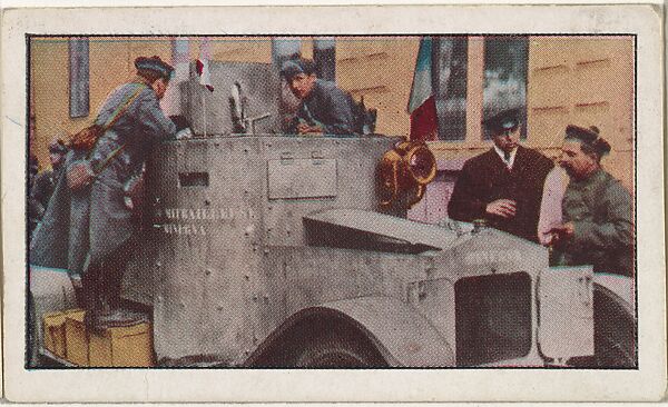 Card No. 147, French Marines Examining One of the Belgian Armored Motor Cars Which Have Been Taken From Belgium to France, from the World War I Scenes series (T121) issued by Sweet Caporal Cigarettes, Issued by American Tobacco Company, Photolithograph 