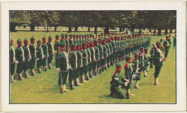 Card No. 158, East Indian Riflemen Sent Half Way Round the World to Join British Forces in War Zone, from the World War I Scenes series (T121) issued by Sweet Caporal Cigarettes, Issued by American Tobacco Company, Photolithograph 