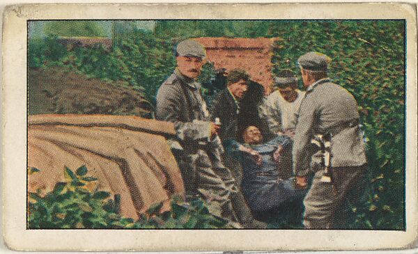 Card No. 165, Wounded Belgian Soldier Discovered by Germans after Hiding in a Brussels Sever for Six Days, from the World War I Scenes series (T121) issued by Sweet Caporal Cigarettes, Issued by American Tobacco Company, Photolithograph 