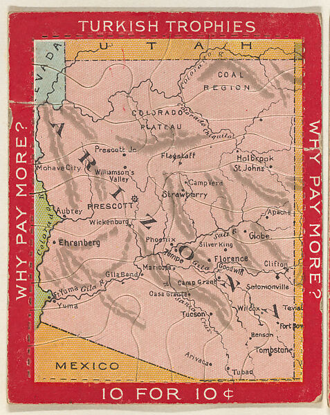 Map of Arizona, from the Jigsaw Puzzle Pictures series (T76) issued by Turkish Trophies Cigarettes, Issued by Turkish Trophies Cigarettes, Commercial color lithograph 
