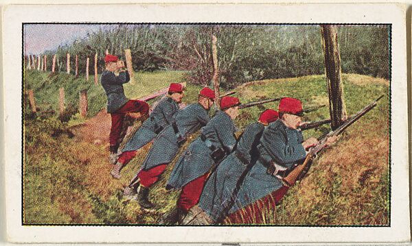 Card No. 203, French Soldiers in a Ready-Made Trench on the Road to Ypres, from the World War I Scenes series (T121) issued by Sweet Caporal Cigarettes, Issued by American Tobacco Company, Photolithograph 
