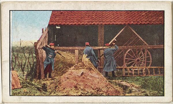 Card No. 213, French Soldiers Prodding the Hay in a Barn While Searching for a Spy, from the World War I Scenes series (T121) issued by Sweet Caporal Cigarettes, Issued by American Tobacco Company, Photolithograph 