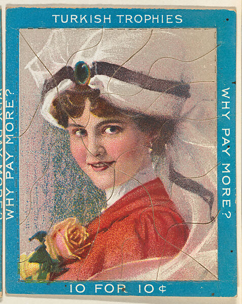 A Brunette Woman Wearing a Red Dress and White Headdress and Holding a Rose, from the Jigsaw Puzzle Pictures series (T76) issued by Turkish Trophies Cigarettes, Issued by Turkish Trophies Cigarettes, Commercial color lithograph 